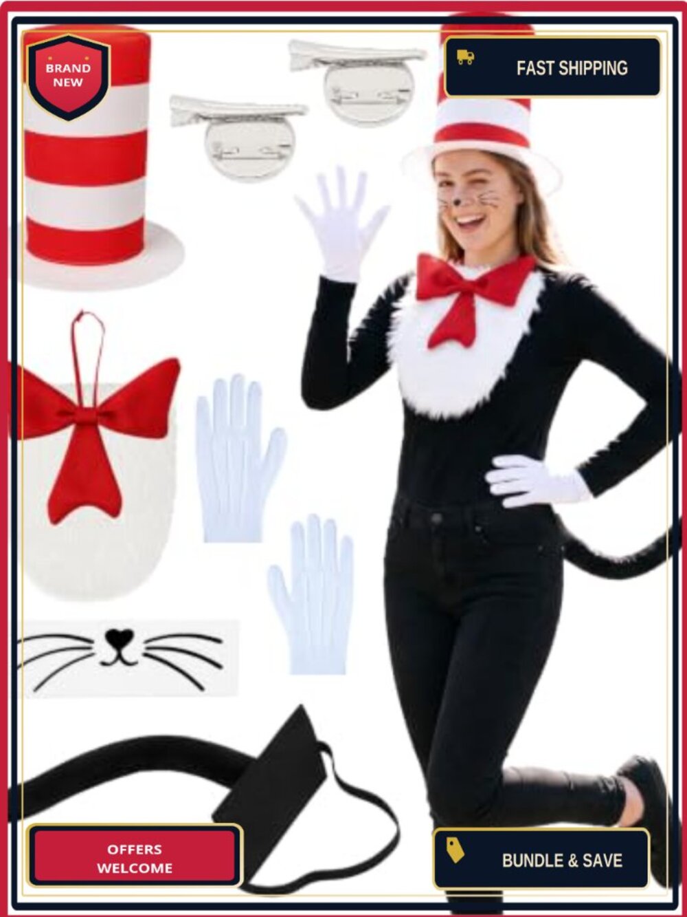 6pc Cat Hat Costume Accessory Set Adult Halloween Dress Up Kit